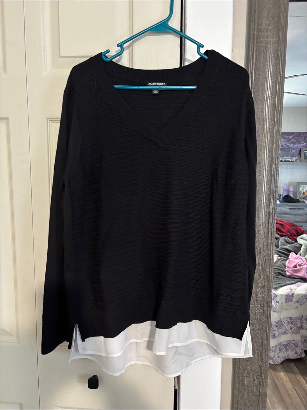 Hilary Radley Black V-Neck Sweater with White Tiered Hem